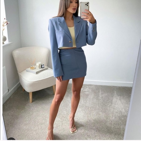 ZARA 2 Piece Topstitched Blazer + Skirt Blue L - Picture 4 of 12